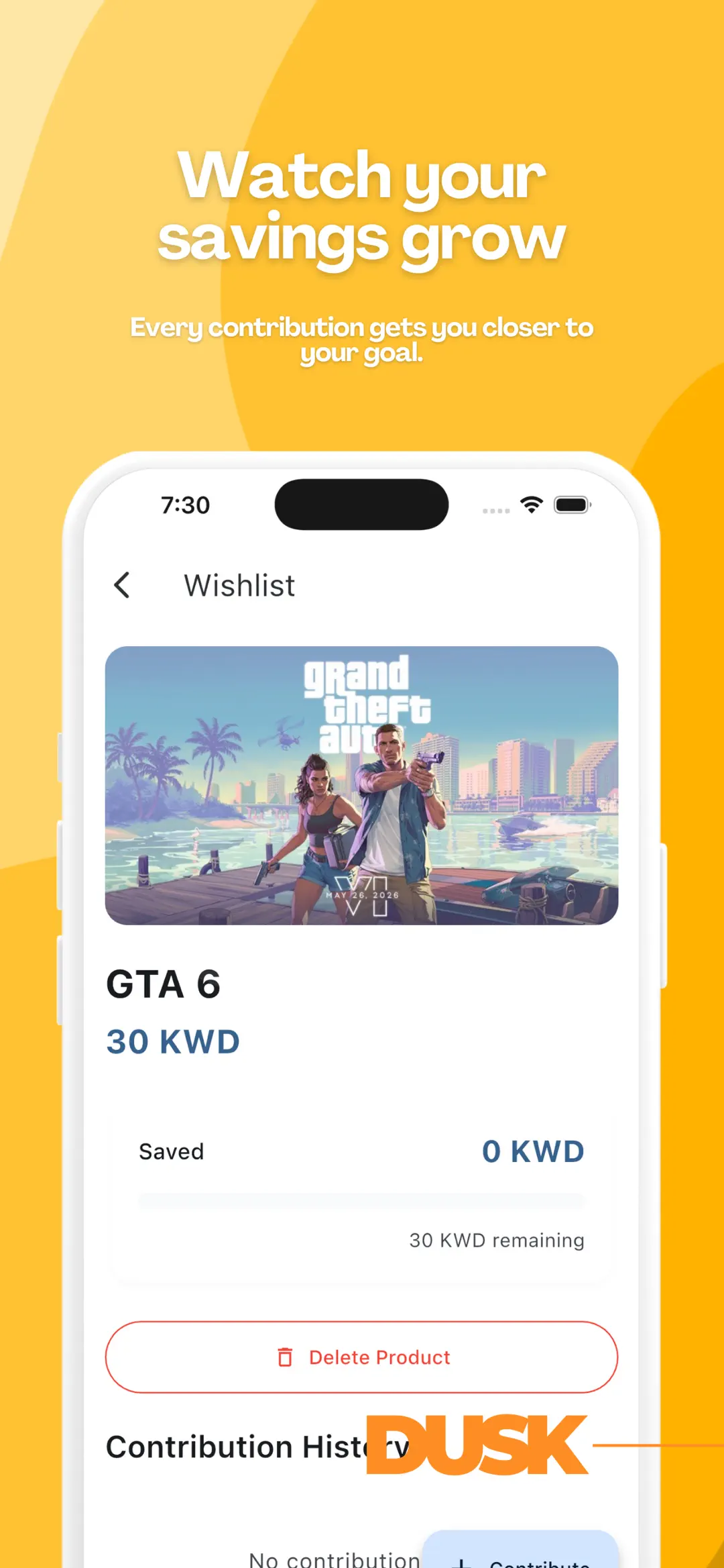 One item opened up, showing saved, remaining and contribution history